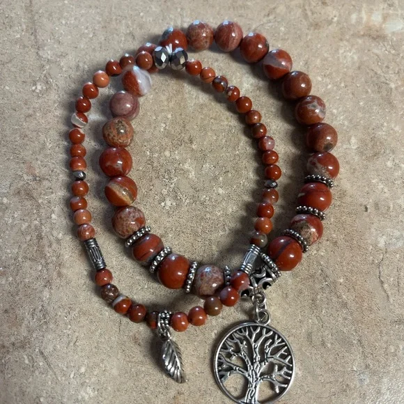 Red Jasper Beaded Bracelet Set w/ Tree of Life & Leaf Charms - Picture 1 of 5